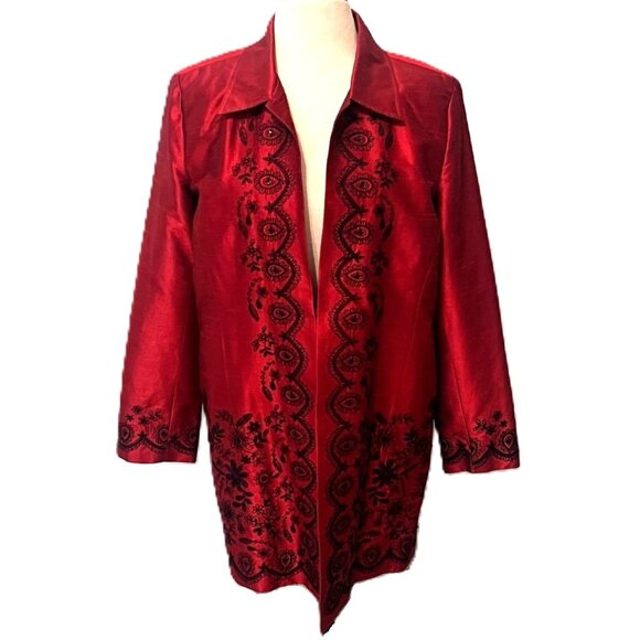 Silk Land Womens Long Sleeve Blazer Jacket Red 12 Christmas Holiday Embroidered - Picture 1 of 10